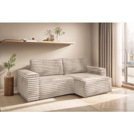 Ecksofa Schlafsofa MADLEN Stoff Velo Beige Ottomane Rechts