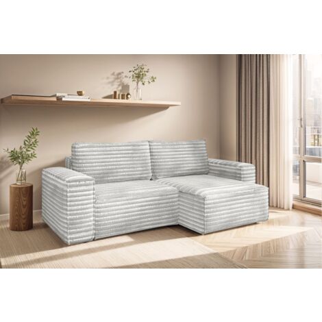 Ecksofa Schlafsofa MADLEN Stoff Velo Hellgrau Ottomane Rechts