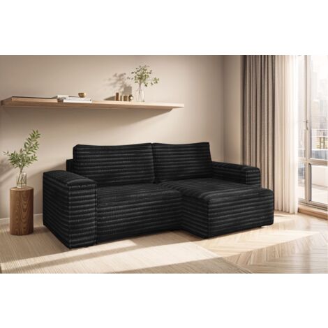 Ecksofa Schlafsofa MADLEN Stoff Velo Schwarz Ottomane Rechts