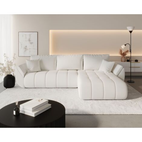 Ecksofa Schlafsofa MISATO Stoff Wind Altweiß Ottomane Rechts