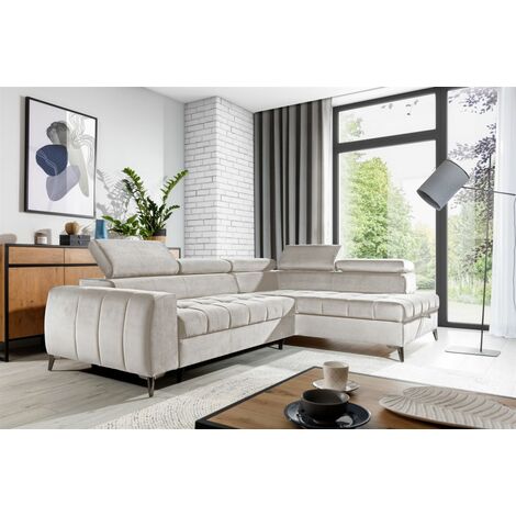 Ecksofa Schlafsofa Sofa AGNESA Stoff Salvador Hellbeige Ottomane Rechts