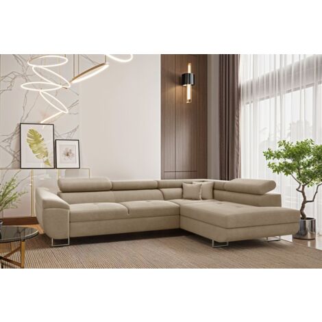 Ecksofa Schlafsofa Sofa CARMELO in Stoff Nova Beige Ottomane Rechts