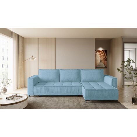 Ecksofa Schlafsofa Sofa JUNA Stoff Terra Azurblau Ottomane Rechts