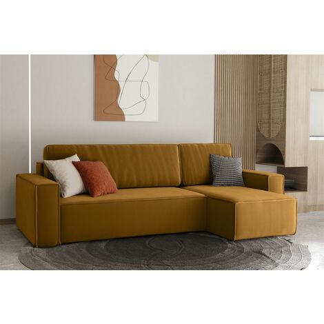 Ecksofa Schlafsofa Sofa MARIS Stoff Senf Ottomane Rechts