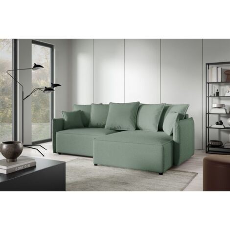 Ecksofa Schlafsofa Sofa MINEA in Stoff Abriamo Hellgrün Ottomane Rechts