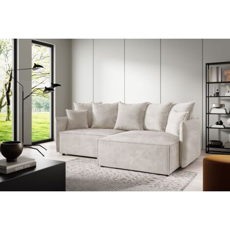 Ecksofa Schlafsofa Sofa MINEA in Stoff Poso Altweiß Ottomane Rechts