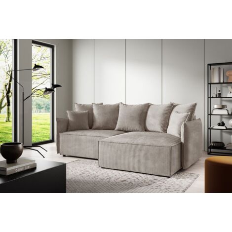 Ecksofa Schlafsofa Sofa MINEA in Stoff Poso Beige Ottomane Rechts