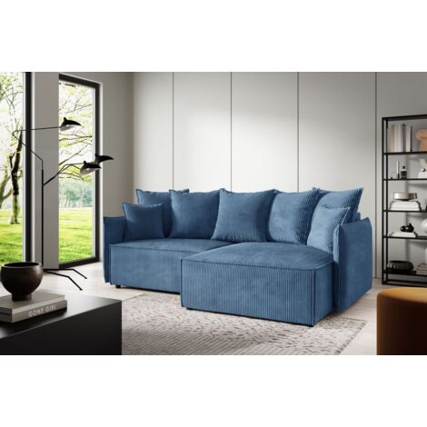 Ecksofa Schlafsofa Sofa MINEA in Stoff Poso Blau Ottomane Rechts