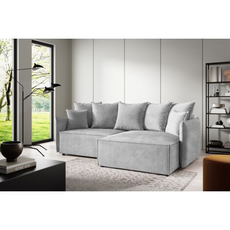 Ecksofa Schlafsofa Sofa MINEA in Stoff Poso Hellgrau Ottomane Rechts
