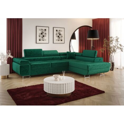 Ecksofa Schlafsofa Sofa MONARO Stoff Monolith Grün Ottomane Rechts
