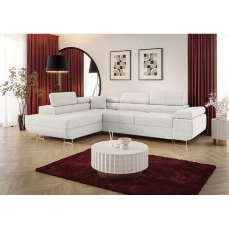 Ecksofa Schlafsofa Sofa MONARO Stoff Quelle Weiß Ottomane Links