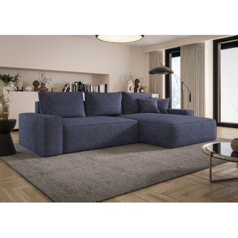 Ecksofa Schlafsofa Sofa WALKEN Stoff Aragon Blau Ottomane Rechts