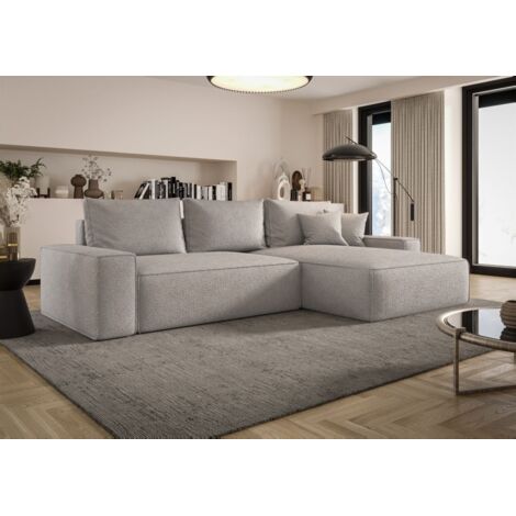 Ecksofa Schlafsofa Sofa WALKEN Stoff Aragon Hellgrau Ottomane Rechts