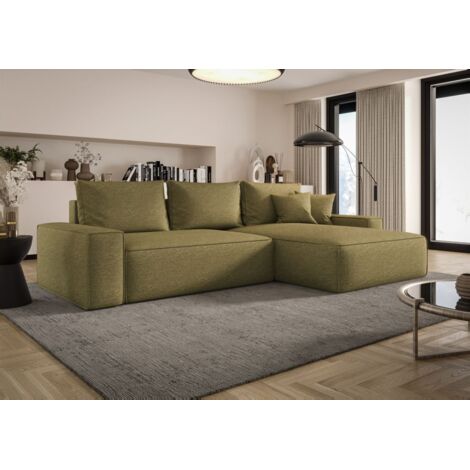 Ecksofa Schlafsofa Sofa WALKEN Stoff Aragon Olivgrün Ottomane Rechts