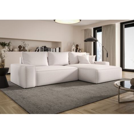Ecksofa Schlafsofa Sofa WALKEN Stoff Aragon Weiss Ottomane Rechts
