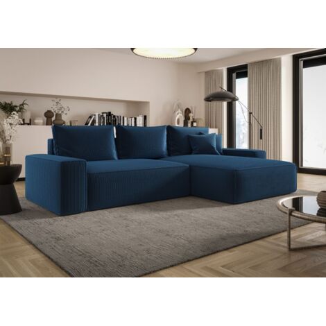 Ecksofa Schlafsofa Sofa WALKEN Stoff Poso Blau Ottomane Rechts