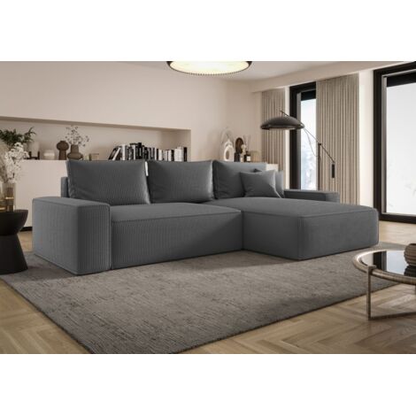 Ecksofa Schlafsofa Sofa WALKEN Stoff Poso Grau Ottomane Rechts