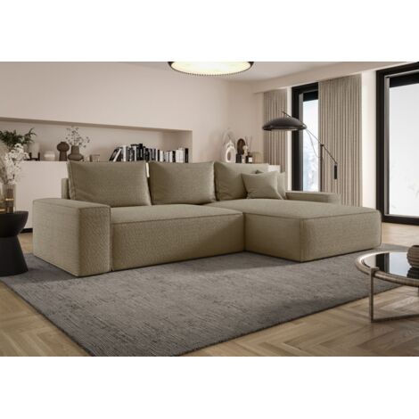 Ecksofa Schlafsofa Sofa WALKEN Stoff Quelle Dunkelbeige Ottomane Rechts