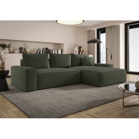 Ecksofa Schlafsofa Sofa WALKEN Stoff Quelle Moosgrün Ottomane Rechts