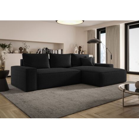 Ecksofa Schlafsofa Sofa WALKEN Stoff Quelle Schwarz Ottomane Rechts