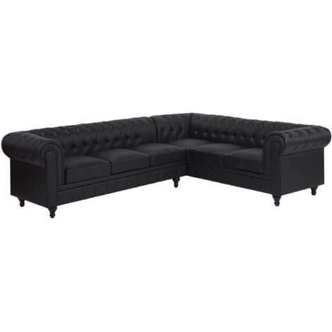 Ecksofa Schwarz Kunstleder L-Förmig Linksseitig Chesterfield Stil Glamourös Wohnzimmer