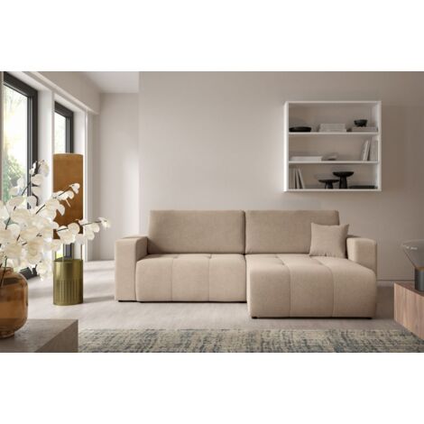 Ecksofa Sofa mit Schlaffunktion AUGUSTO in Stoff Wind Beige Ottomane Rechts