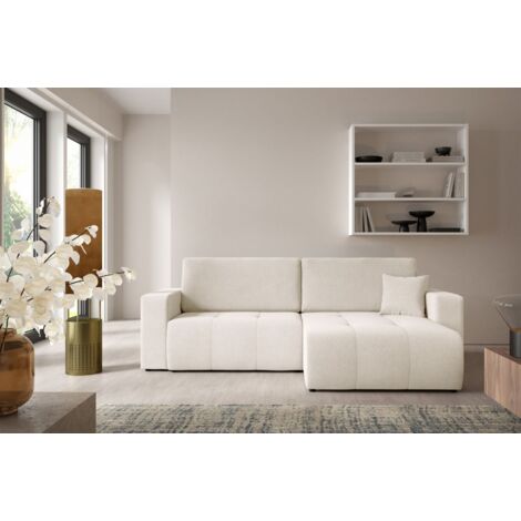 Ecksofa Sofa mit Schlaffunktion AUGUSTO in Stoff Wind Creme Ottomane Rechts