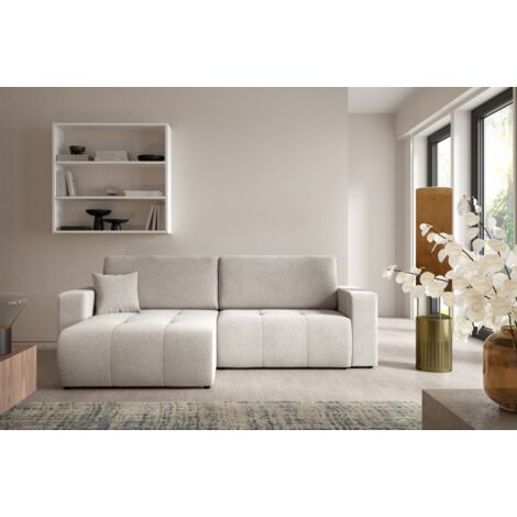 Ecksofa Sofa mit Schlaffunktion AUGUSTO in Stoff Wind Hellgrau Ottomane Links
