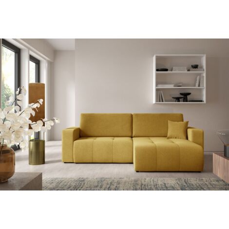 Ecksofa Sofa mit Schlaffunktion AUGUSTO in Stoff Wind Honiggelb Ottomane Rechts