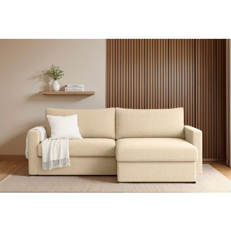 Ecksofa Sofa mit Schlaffunktion BENDIK Stoff Faro Creme Ottomane Rechts