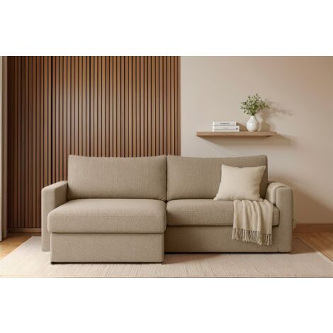 Ecksofa Sofa mit Schlaffunktion BENDIK Stoff Faro Dunkelbeige Ottomane Links