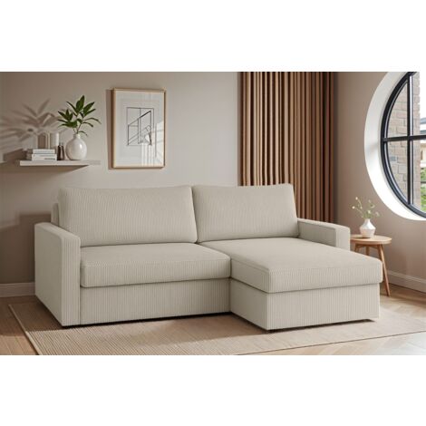 Ecksofa Sofa mit Schlaffunktion BENDIK Stoff Poso Altweiß Ottomane Rechts