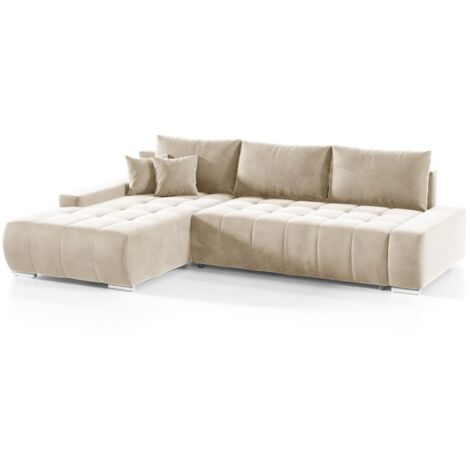 Ecksofa Sofa mit Schlaffunktion VOGAR Stoff Monolith Ecru Ottomane Links