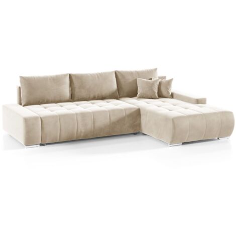 Ecksofa Sofa mit Schlaffunktion VOGAR Stoff Monolith Ecru Ottomane Rechts
