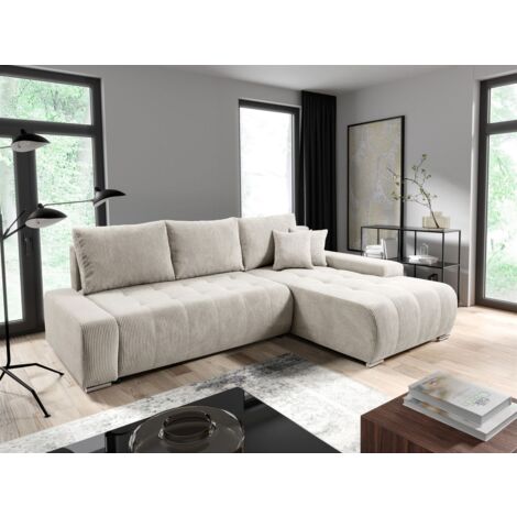 Ecksofa Sofa mit Schlaffunktion VOGAR Stoff Poso Creme Ottomane Rechts