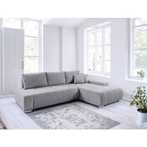 Ecksofa Sofa mit Schlaffunktion VOGAR Stoff Poso Hellgrau Ottomane Rechts