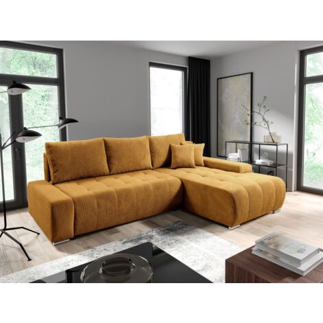 Ecksofa Sofa mit Schlaffunktion VOGAR Stoff Poso Honiggelb Ottomane Rechts