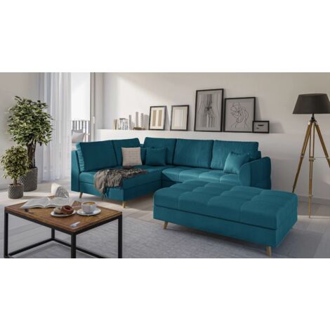 Ecksofa und Fußhocker Matthias aus Blau Luxusmicrofaser