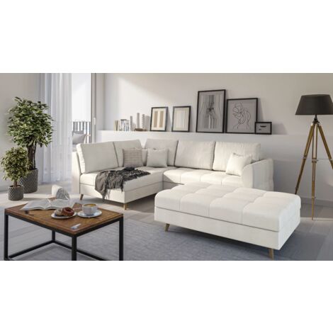 Ecksofa und Fußhocker Matthias aus Ecru Luxusmicrofaser