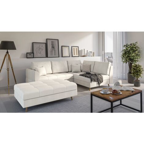 Ecksofa und Fußhocker Matthias aus Ecru Luxusmicrofaser
