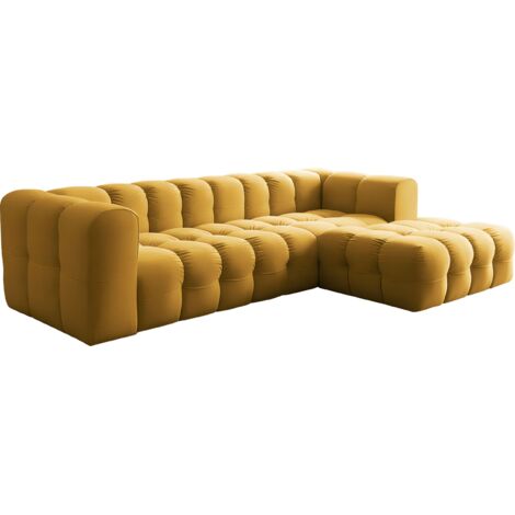 Ecksofa Wohnlandschaft in L-Form Rechts – Groß XXL Loungesofa 290 × 193 × 75 cm für 5-6 Personen –  Skandi-Design, Freistehend – Senfgelber Samt