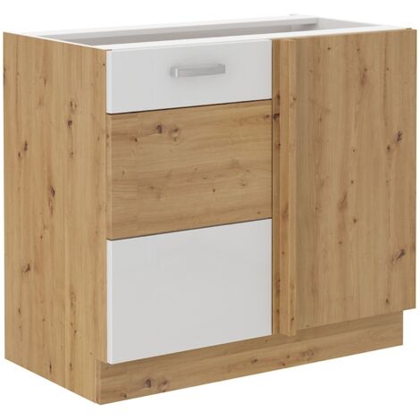 Eckunterschrank 105 cm Eiche Artisan + Weiss Hochglanz Küchenzeile Küchenblock