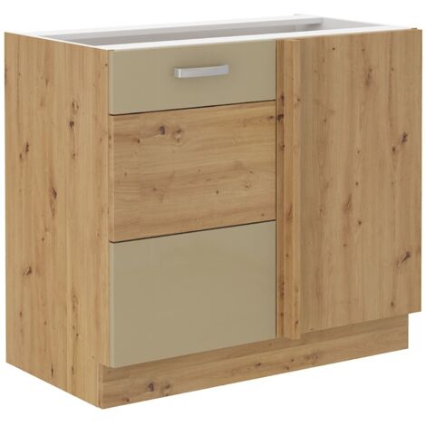 Eckunterschrank 105 Eiche Artisan + Cappuccino Hochglanz Küchenzeile Küchenblock
