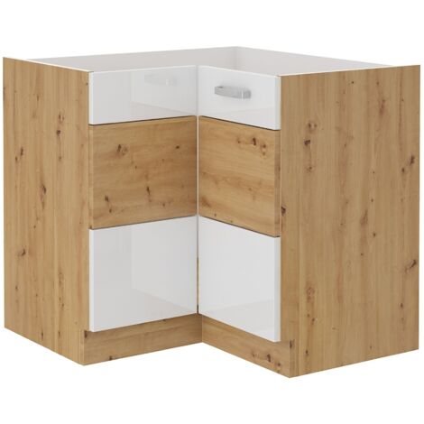 Eckunterschrank 90x90 cm Eiche Artisan + Weiss Hochglanz Küchenzeile Küchenblock