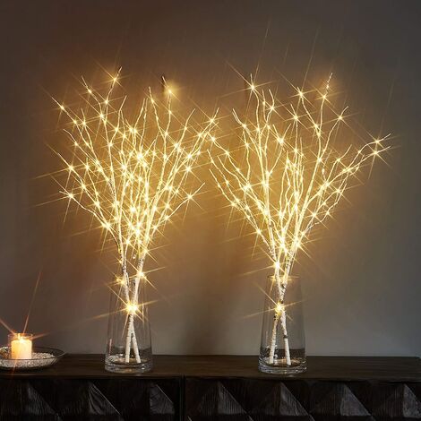 Éclairage à piles avec minuterie Lot de 2 branches de bouleau avec lumières blanches chaudes pour décoration de vacances et de fête