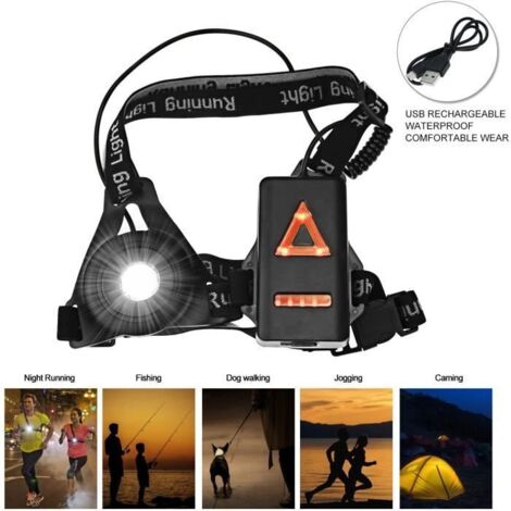Eclairage Course - Lampe Running Poitrine USB Rechargeable - 3 Modes Eclairage Sport LED - Noir