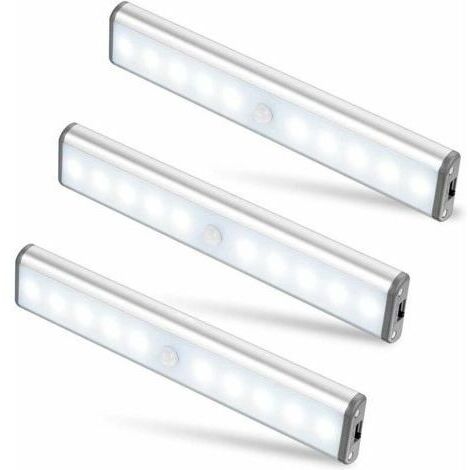 Éclairage d'armoire à trois 10 LED, sans fil, USB rechargeable, magnétique, détecteur de mouvement, 2 modes d'éclairage, portable. Lampes de placard, lumières de secours, veilleuses pour en
