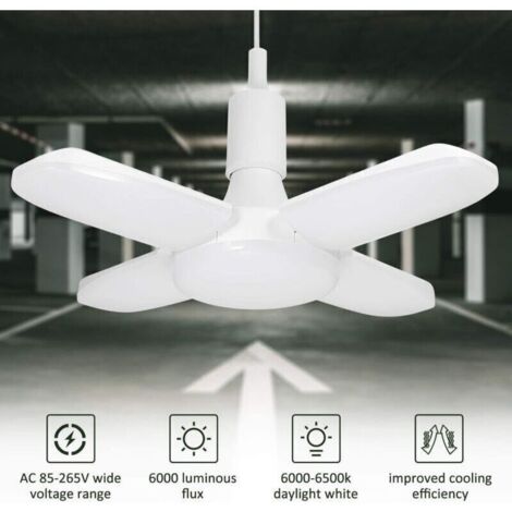 Éclairage de garage à LED, 60W E26/ E27 6500K 6000Lm Lampe d'atelier, déformable à 4 panneaux ajustables, Plafonnier LED pour garage, Entrepôt, Atelier, Sous-sol, Gym, Cuisine