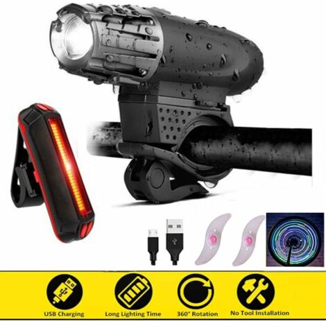 Éclairage de Vélo Avant et Arrière,Lampe de Vélo à LED Étanche Rechargeable avec Câble USB, 4 Modes Réglables +2 Éclairages de Roue Gratuits