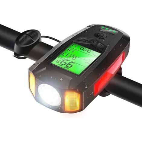 Éclairage de vélo, éclairage de vélo multifonctionnel avec compteur de vitesse, éclairage de vélo étanche avec modes d'éclairage rechargeables par USB, 300 lm et cloche puissante